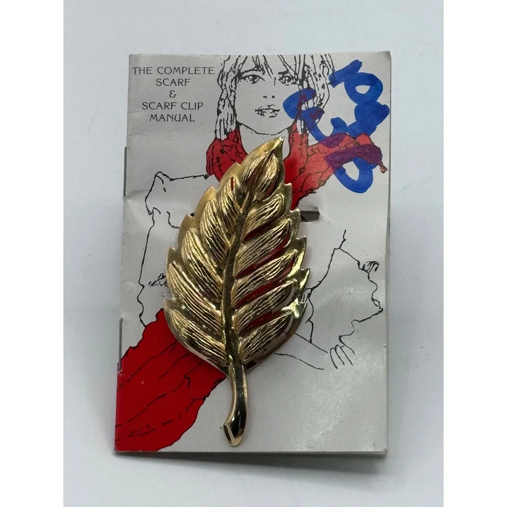 Vintage‎ Gold Leaf Scarf Clip Brooch Booklet Mid Century Retro Accessory USA